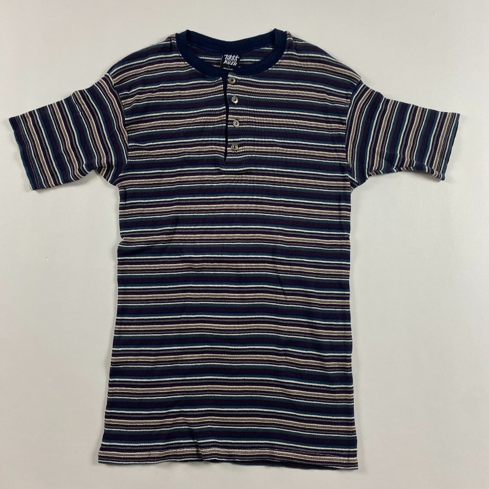 Vintage Rush Brand Striped Henley 4 Button T Shirt Mens Medium Surf Skateboard